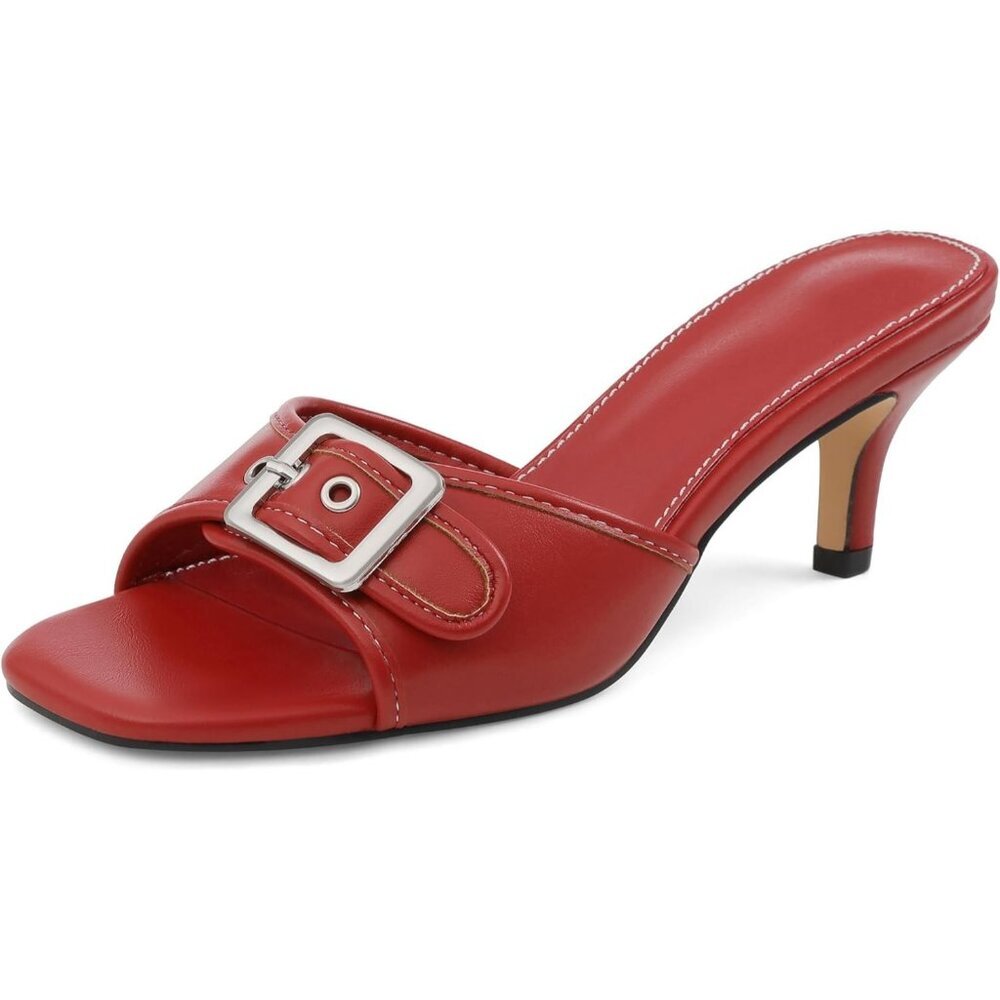 Women's Red Square Open Toe Low Heel Slip On Buckle Strap Heeled Sandals